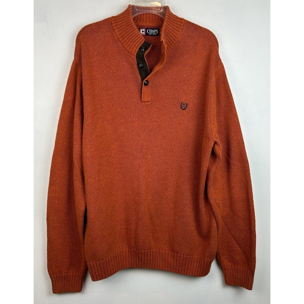 Chaps Sweater Men Large Quarter Button Elbow Patch Mock Neck Orange Cotton Read